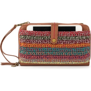 image:imageThe Sak Iris Smartphone Crossbody Bag in Crochet and Faux Leather Convertible Wristlet Purse Design Sunset Stripe